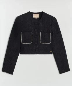 DAANTJE cropped bouclé blazer met sierstenen - dark navy