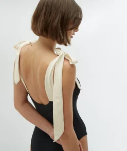 DAISY badpak met strikbandjes - black creme white
