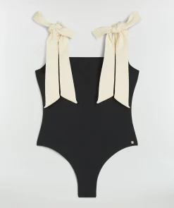 DAISY badpak met strikbandjes - black creme white