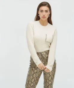 ESAI slim fit trui met sierstenen - ecru melange