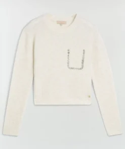 ESAI slim fit trui met sierstenen - ecru melange
