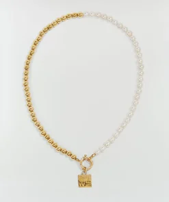 FEMM ketting met parels en logo - antique gold