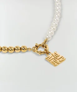 FEMM ketting met parels en logo - antique gold