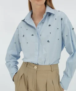 LOVA oversized blouse met sierstenen - sky blue