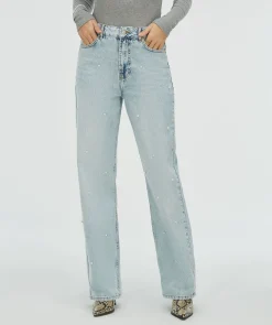 PHEBE straight fit jeans met parels - blue denim