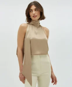 YANIEK loose fit top in satijn look - light mink